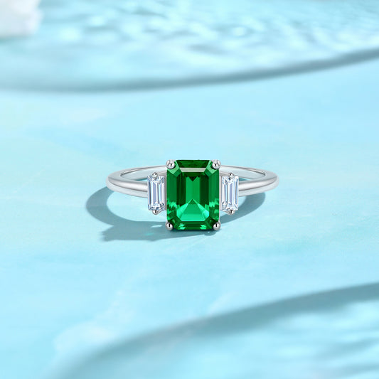 Classic Three-Stone Cultured Emerald Ring