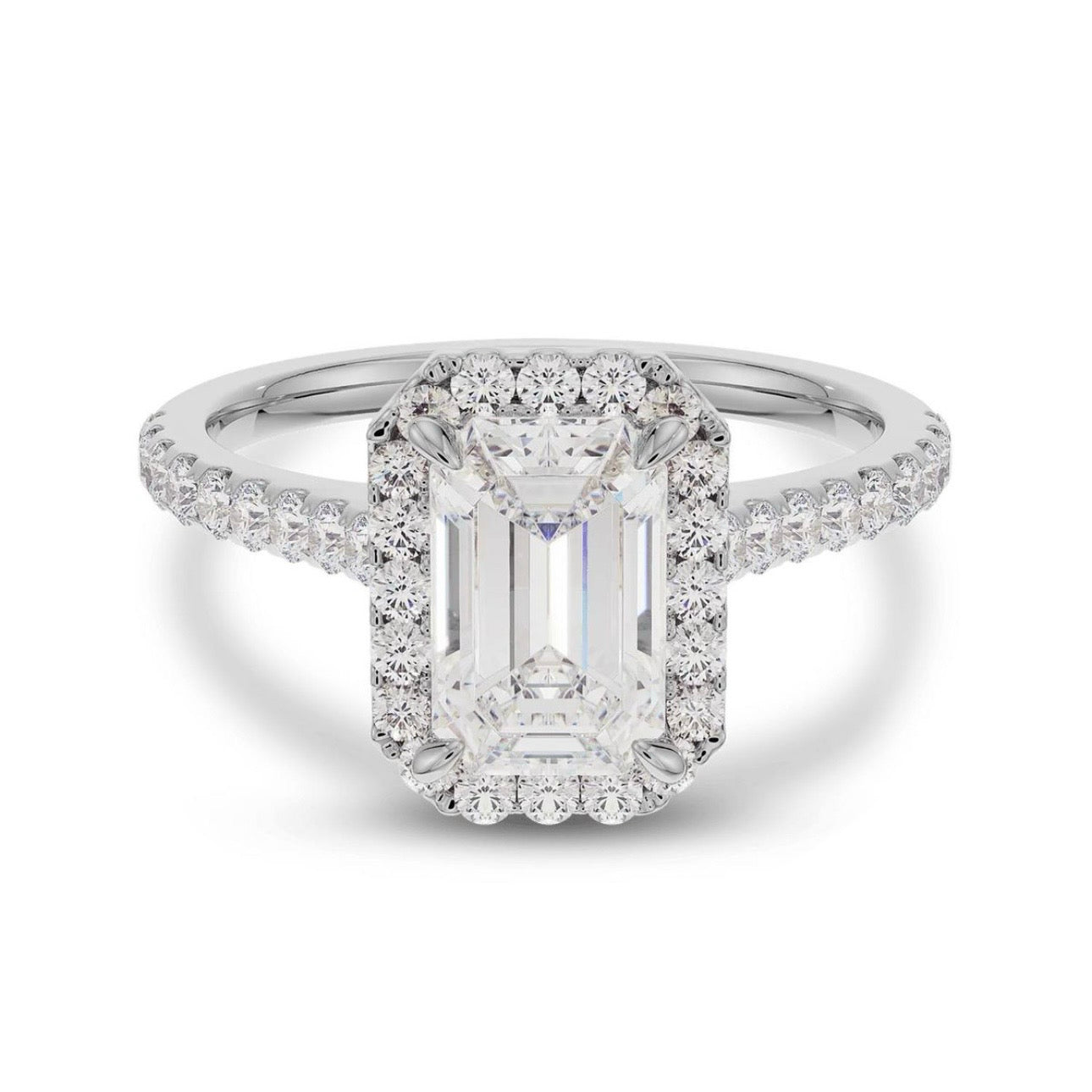 Margot Silver Ring – Emerald-Cut Moissanite 3 ct with Halo