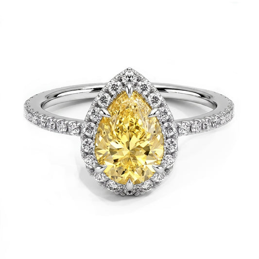 Soleil Silver Ring – Yellow Moissanite Pear 3 ct with Halo
